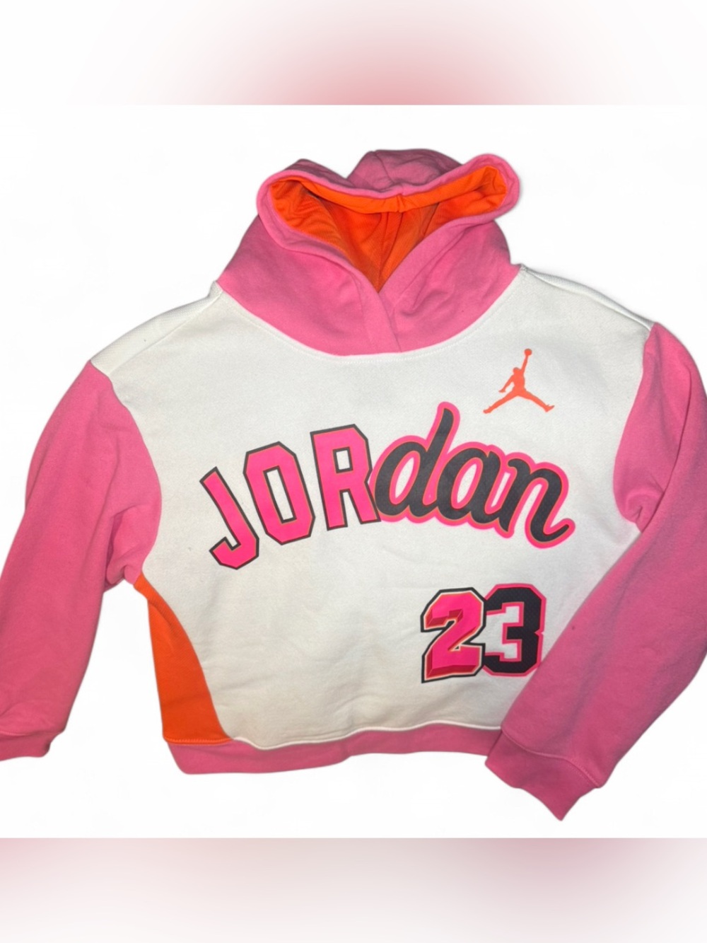 NWT Jordan Girl's Pink Pack Boxy Hoodie | White, Pink & Orange | Size Girls L